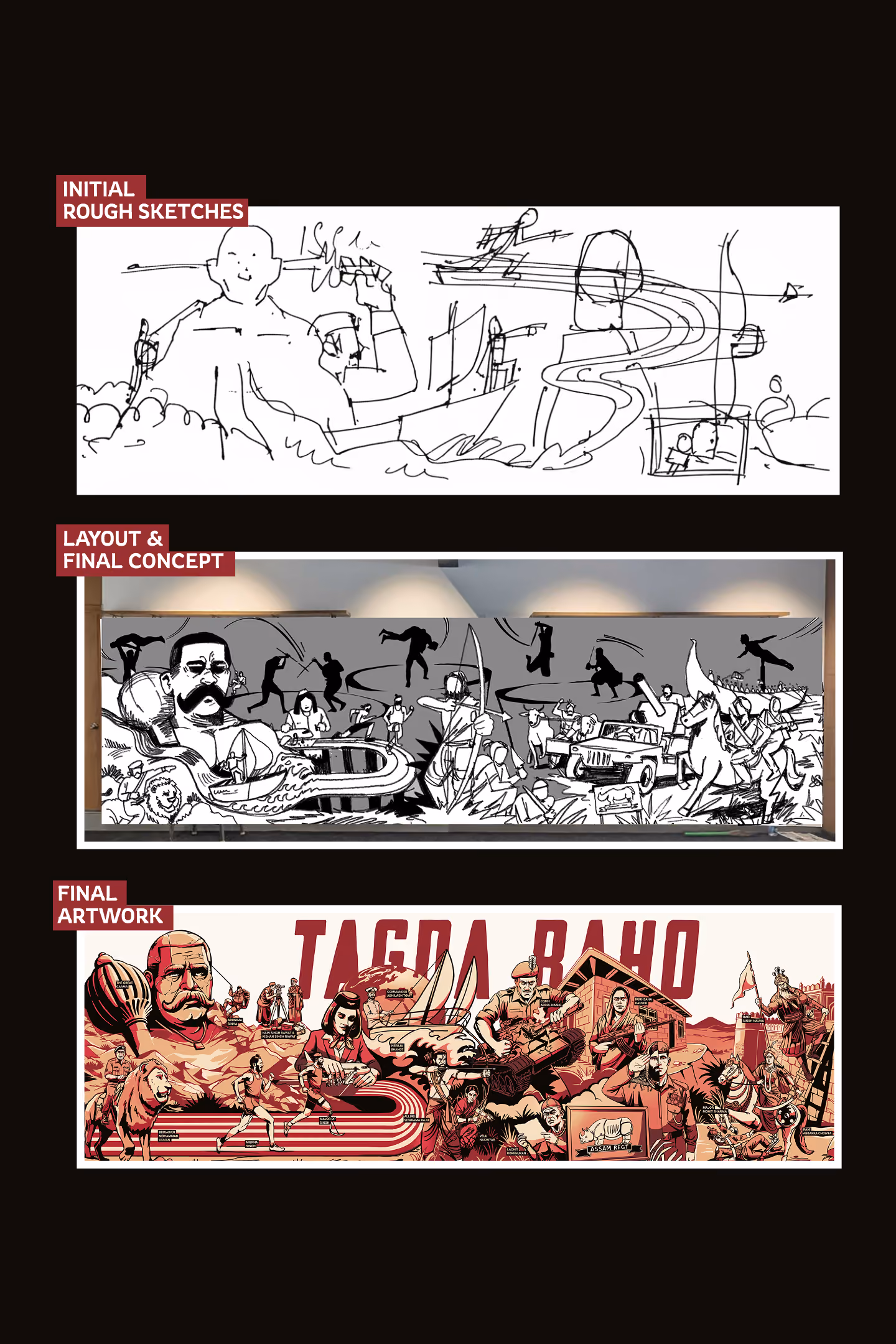 Three horizontal panels showing stages of artwork development: top panel labeled 'Initial rough sketches' with simple black line drawings of people and abstract shapes; middle panel labeled 'Layout & final concept' featuring detailed black and white mural-style figures including soldiers, horses, a jeep, and a man with a large mustache; bottom panel labeled 'Final artwork' with full-color illustration of the same scene with soldiers, horses, vehicles, and dramatic expressions in shades of red, beige, and brown.