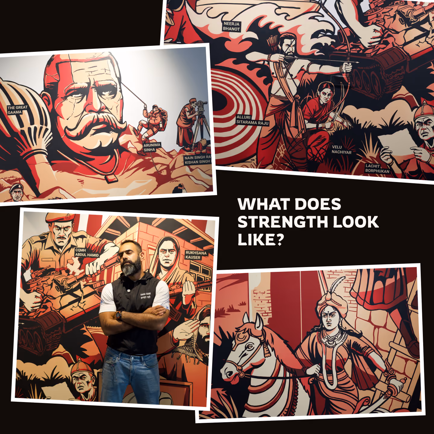 Collage featuring a man with crossed arms standing in front of murals depicting historical figures and warriors with bows, arrows, and horses, titled 'What Does Strength Look Like?'