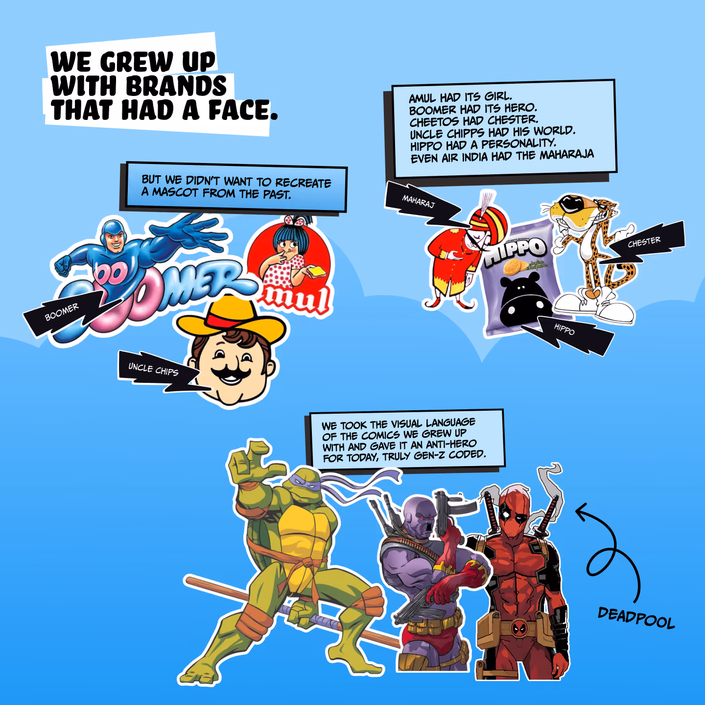 Illustration showing classic brand mascots Boomer, Amul girl, Uncle Chips, Maharaja, Hippo, and Chester with labels and text highlighting nostalgic brand characters; below are comic-style anti-hero figures including Teenage Mutant Ninja Turtle, a purple-clad fighter, and Deadpool, emphasized as a Gen-Z coded anti-hero.