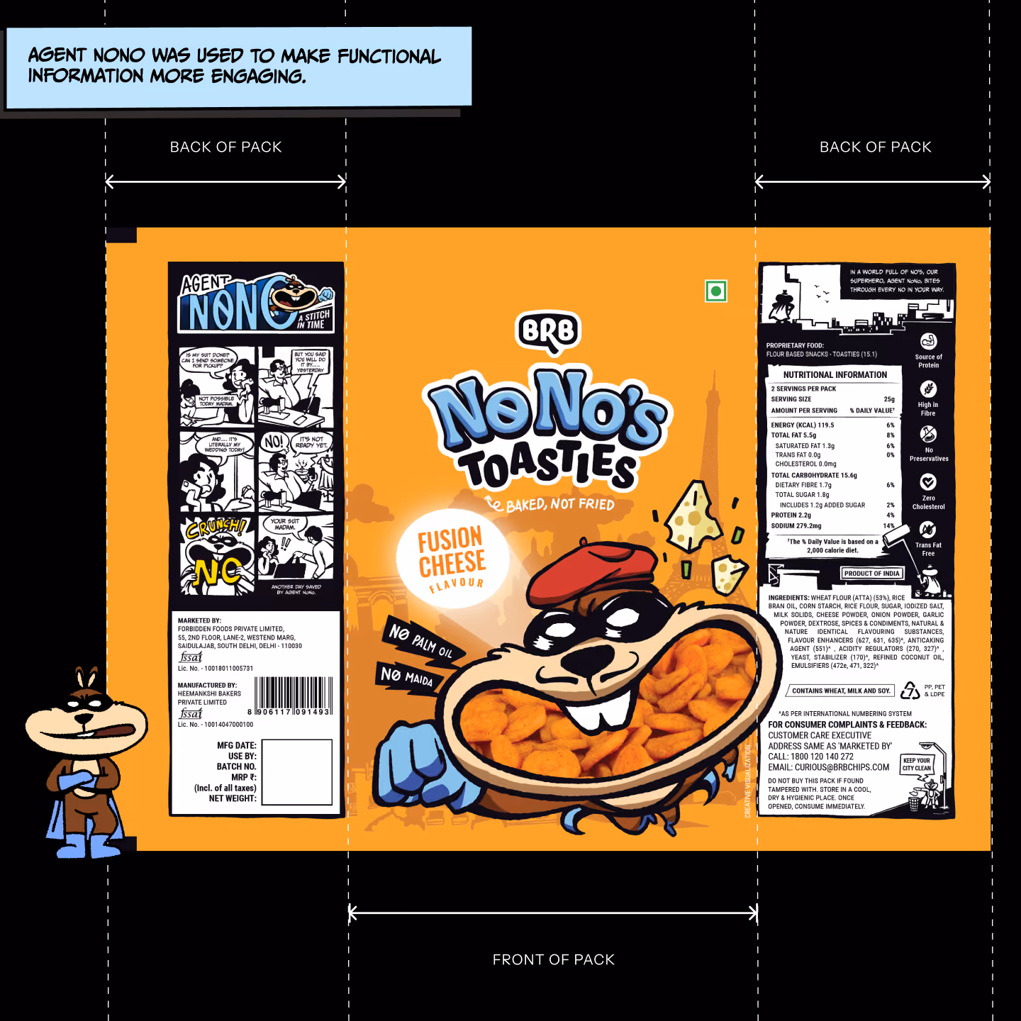 Packaging design for BRB No No's Toasties, Fusion Cheese flavor, featuring a cartoon dog wearing a red beret holding a bowl of orange cheese snack pieces, claims 'No Palm Oil, No Maida,' with nutritional information and a comic strip titled Agent Nono on the back.