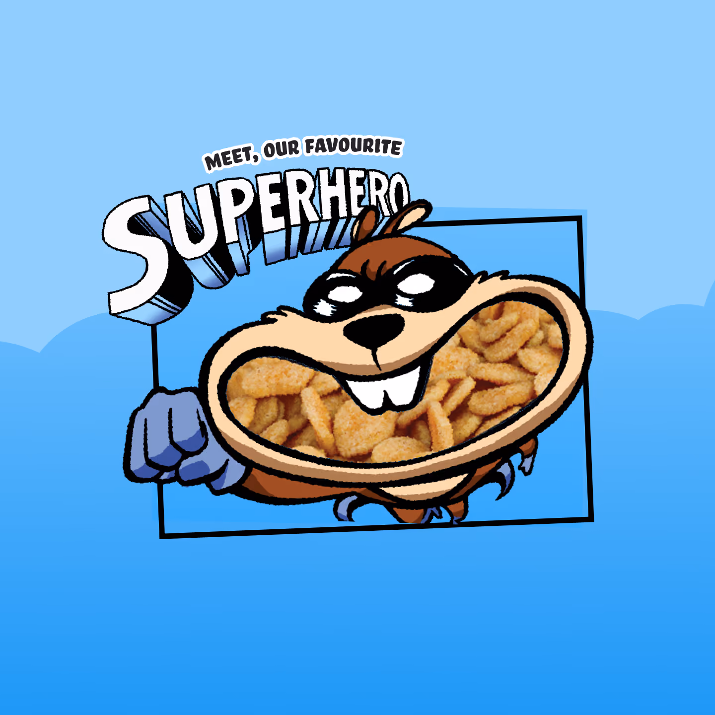 Cartoon superhero character resembling a chipmunk wearing a mask and glove, with its mouth filled with snack pieces against a blue sky background and the text 'Meet, our favourite SUPERHERO' above.