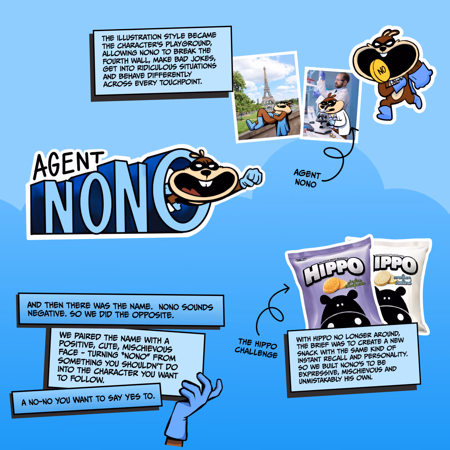 Bright blue background with cartoon character Agent Nono, a mischievous, masked animal with a cape, shown in various poses including leaning near Eiffel Tower and using a microscope. Text boxes explain the creation of Agent Nono as a positive, mischievous twist on a negative name, and describe The Hippo Challenge to create a new snack with the same personality as the now discontinued Hippo snack, using Agent Nono's expressive and distinctive character.