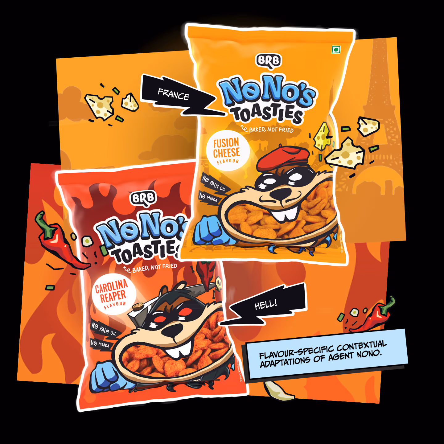 Two snack packets of BRB No No's Toasties featuring animated raccoon characters; one packet is orange for Fusion Cheese flavor labeled 'France' with cheese pieces and the Eiffel Tower in the background, the other is red for Carolina Reaper flavor labeled 'Hell!' with chili peppers and flames in the background. Both packets state 'Baked, Not Fried', 'No Palm Oil', and 'No Maida'. A label reads 'Flavour-specific contextual adaptations of Agent Nono.'