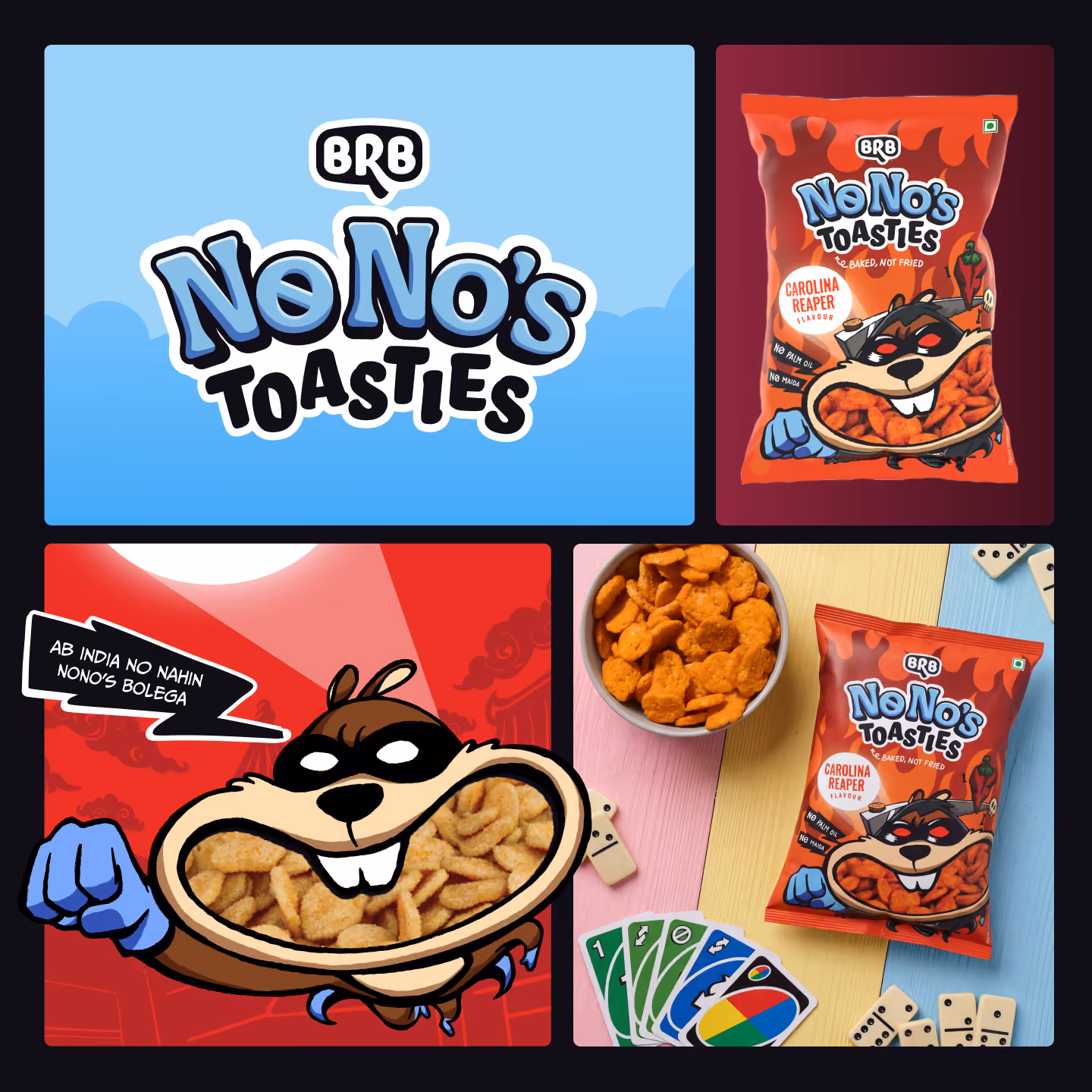 Collage of four sections featuring BRB No No's Toasties snack brand: top left shows the brand logo on a blue background; top right displays a red snack bag with the cartoon chipmunk mascot and Carolina Reaper flavor label; bottom left has the mascot holding a bowl of toasties with a speech bubble in Hindi; bottom right shows a snack bag beside a bowl of toasties and assorted game cards and dominoes on a pastel wooden table.