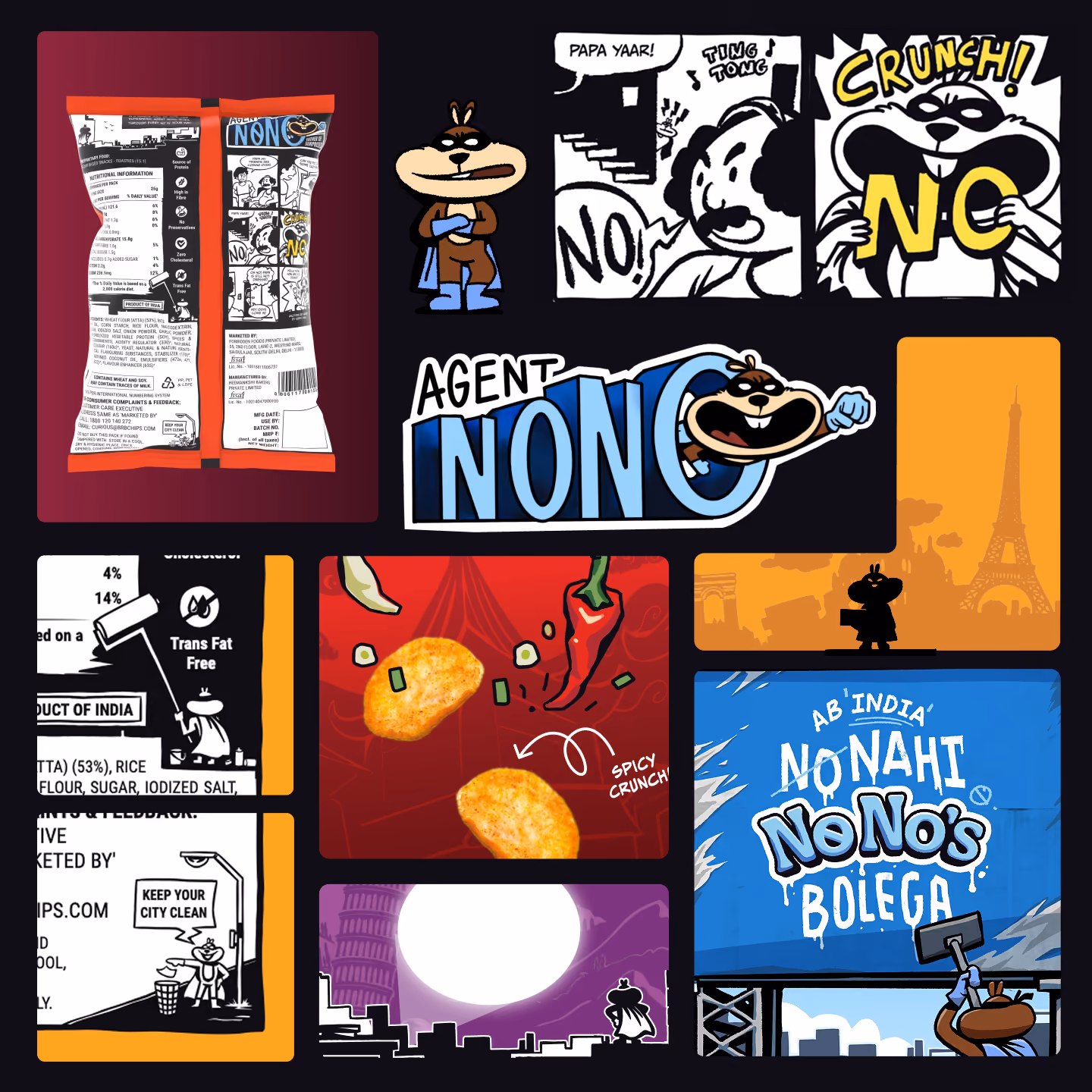 Collage of images including the back of a snack packet with nutrition info; cartoon of a beaver character named Agent Nonc with comic-style panels showing the character with text 'Papa Yaar!', 'No!', and 'Crunch! NO'; close-up of spicy snack pieces with a chili and 'Spicy Crunch'; silhouette of the beaver against the Eiffel Tower in orange; text panel with 'Ab India No Nahi No No's Bolega'; and a city skyline with the beaver character.