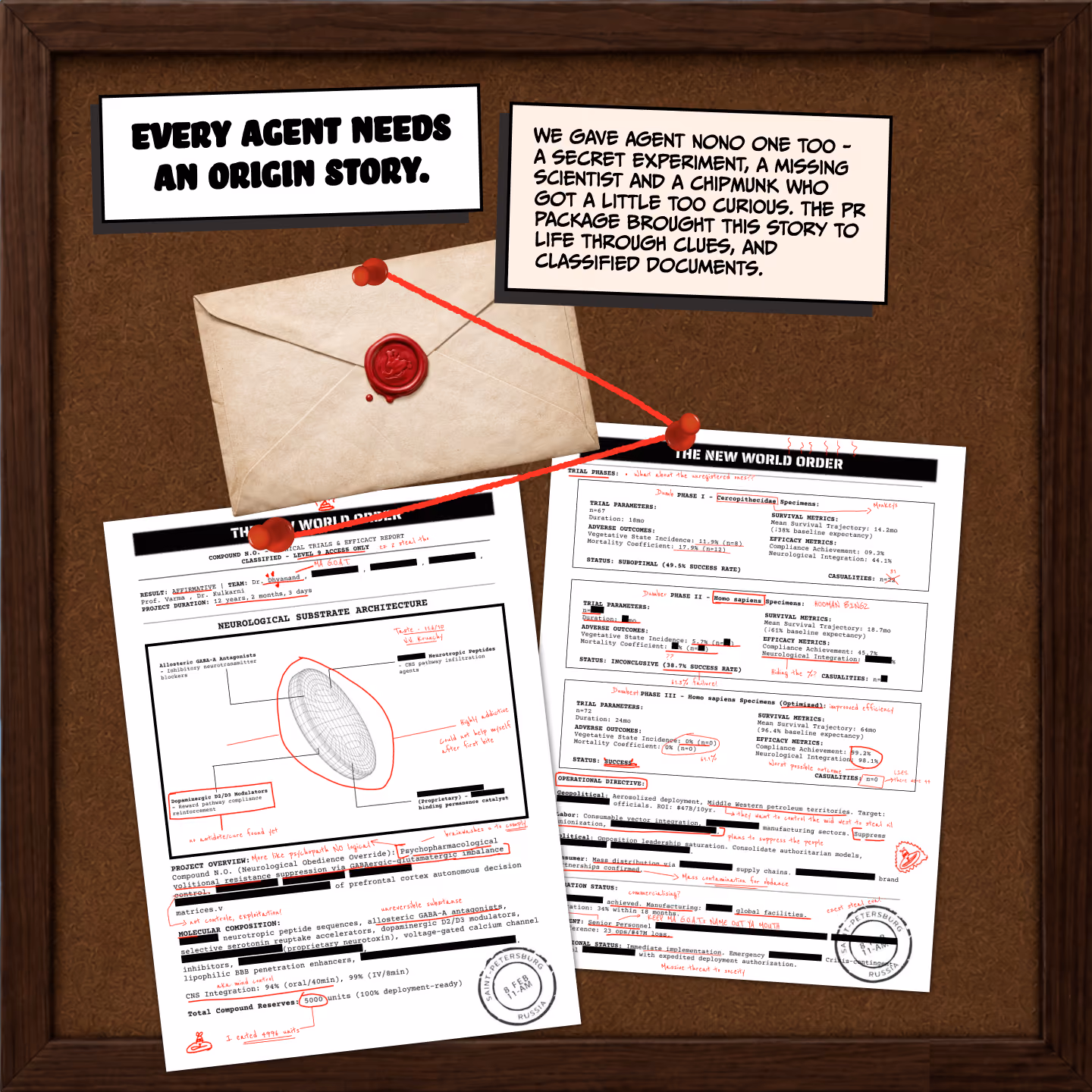 A bulletin board with an envelope sealed by a red wax stamp pinned by red strings to two classified documents titled 'The New World Order' that include scientific text, diagrams, and red handwritten notes. Two text boxes read: 'Every agent needs an origin story.' and 'We gave Agent Nono one too - a secret experiment, a missing scientist and a chipmunk who got a little too curious. The PR package brought this story to life through clues, and classified documents.'