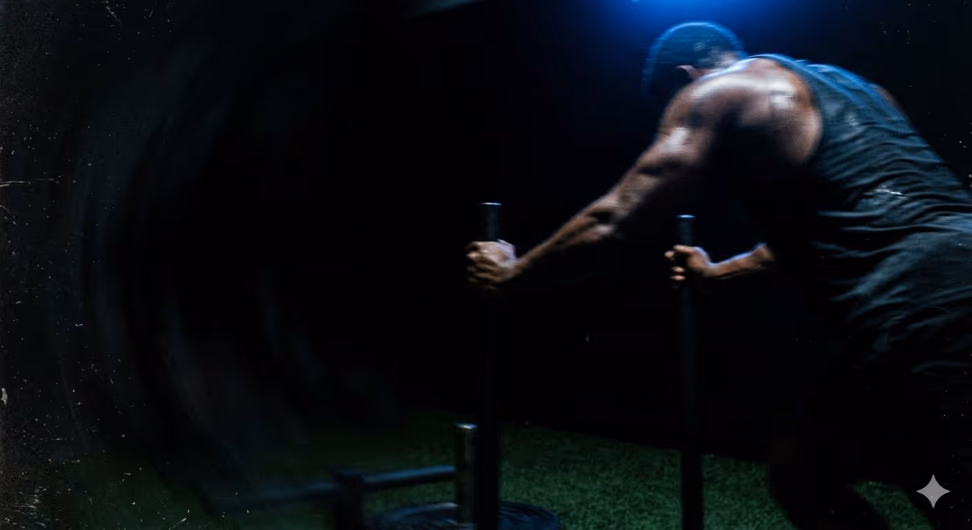 Muscular man pushing a weighted sled on green turf under a blue light in a dark gym.