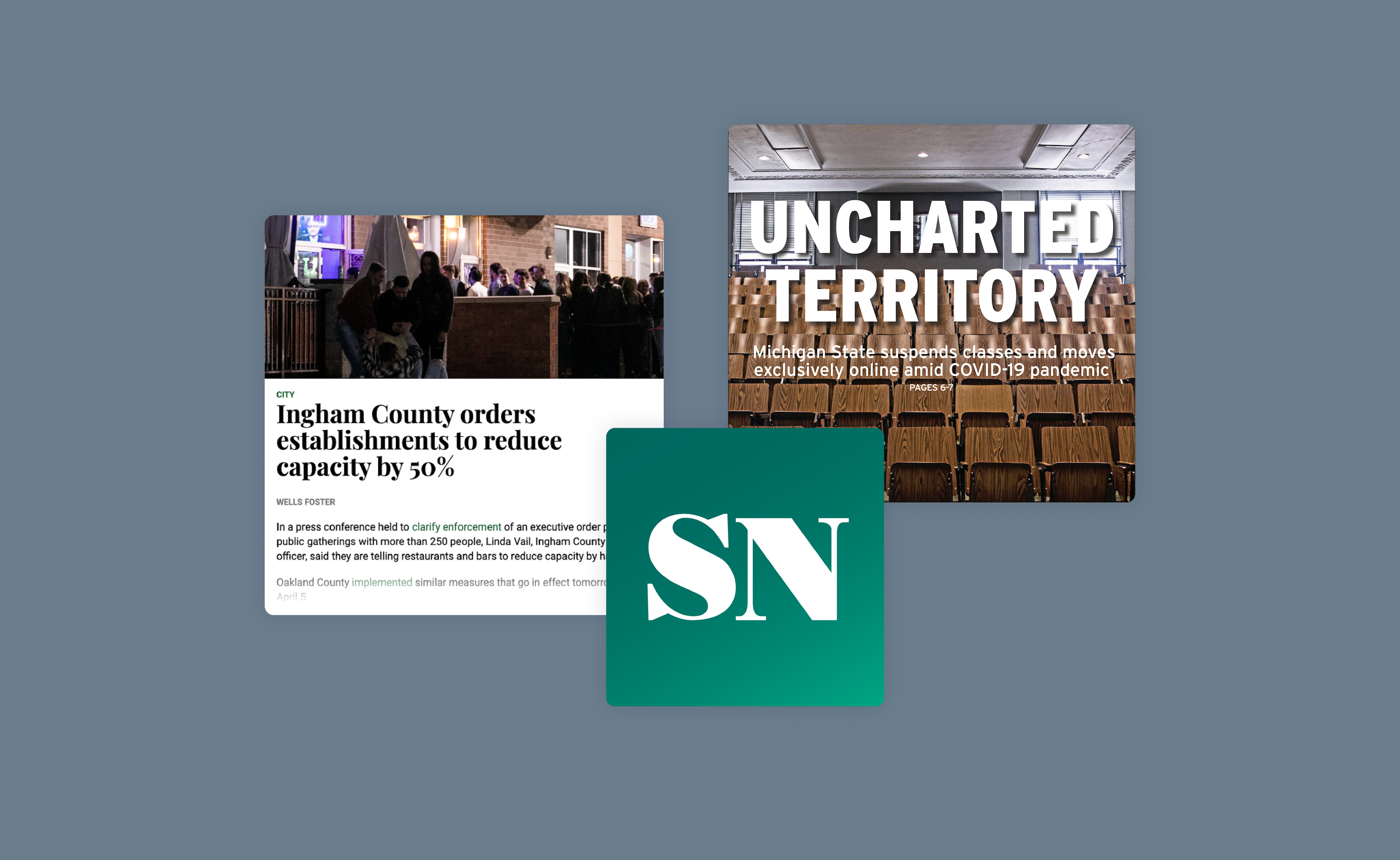 The State News logo, images of an internet article and a newspaper cover.