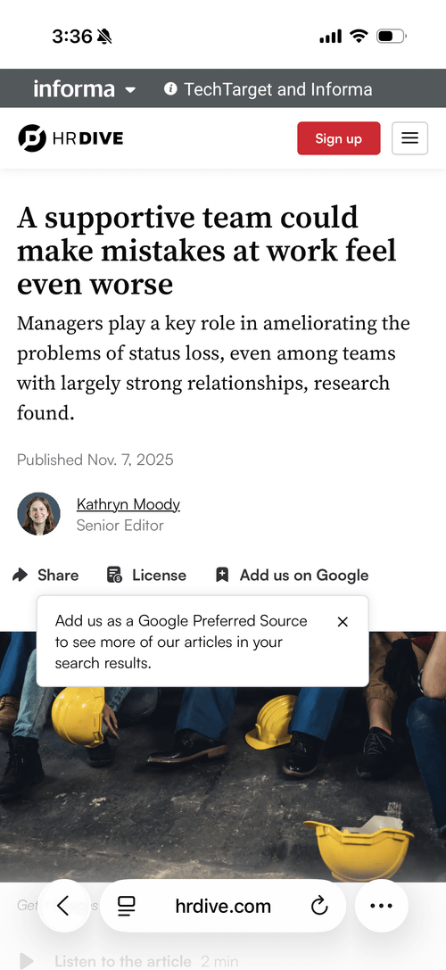 Screenshot of an HRDive.com article on a phone, which shows a tooltip explaining what the "Add us on Google" button means.