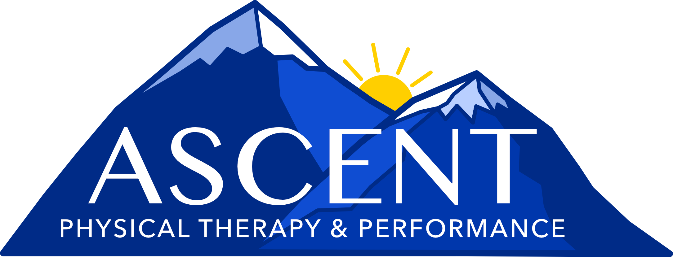 Logo with stylized blue mountains and a yellow sun rising behind, with text reading ASCENT Physical Therapy & Performance.