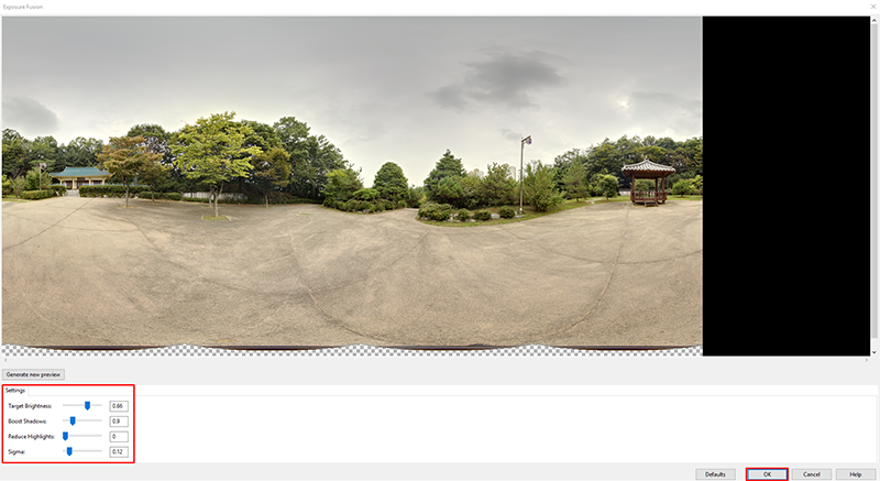 You can adjust the color of a 360º photo in PTGui by moving the scale bars.