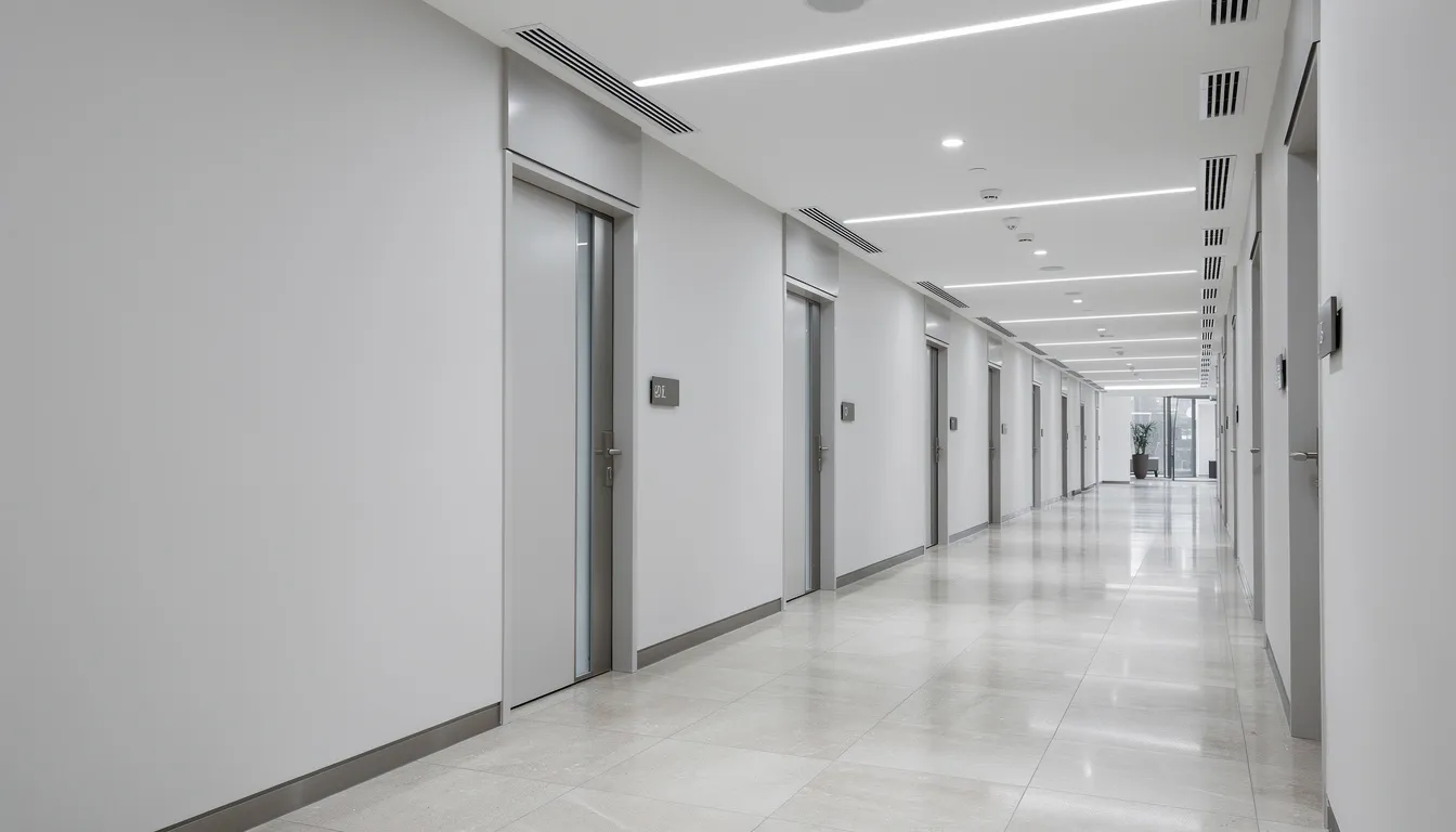 The image depicts a modern commercial building hallway characterized by sleek architectural lines, finished walls, and a well-lit ceiling, creating a professional atmosphere. This space exemplifies the integration of design and functionality, allowing users to navigate efficiently while enhancing their experience within the environment.