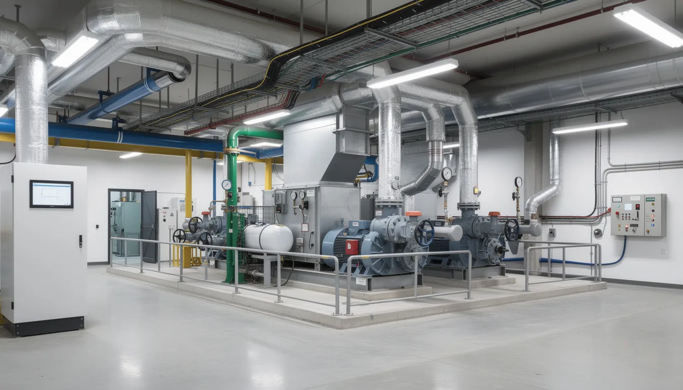 The image depicts a large industrial mechanical room filled with an intricate network of pipes, valves, and HVAC equipment, showcasing complex MEP systems. This environment highlights the importance of spatial data and analysis in optimizing operations and enhancing decision-making processes for various industries.