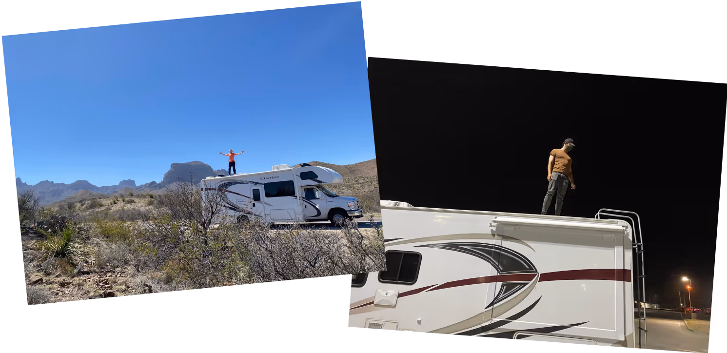 Two side-by-side photos featuring an RV in different settings. In the left photo, taken during the day, Rylan stands triumphantly on top of an RV with arms outstretched, surrounded by desert terrain and distant mountain peaks under a clear blue sky. In the right photo, taken at night, John stands on the edge of an RV’s roof in a parking lot, illuminated by nearby streetlights against the dark night sky.