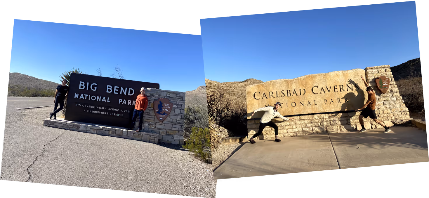 Two side-by-side photos of Rylan and John posing at national park entrance signs. In the left photo, they stand next to the Big Bend National Park sign, one leaning against it and the other playfully climbing the stone wall. The background features a clear blue sky and desert landscape. In the right photo, they strike exaggerated poses in front of the Carlsbad Caverns National Park sign, mimicking a dramatic standoff with the sign. The setting sun casts long shadows on the pavement.