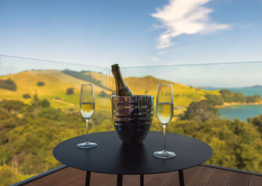 A bottle of sparking wine with two glasses and the ocean as the backdrop