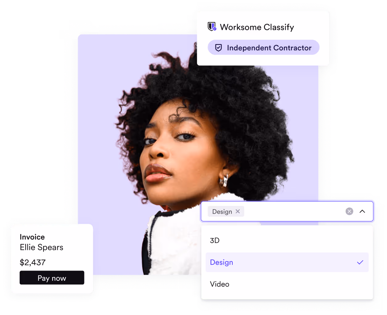 Profile photo of a woman with curly hair alongside overlays showing Worksome Classify as Independent Contractor, an invoice for Ellie Spears with amount $2,437 and Pay now button, and a dropdown menu selecting Design category.