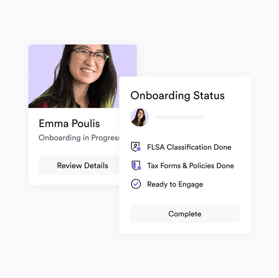 Profile card of Emma Poulis with a photo, showing audit status as in progress and audit checklist completed for workers classification, tax liability, and legal review.