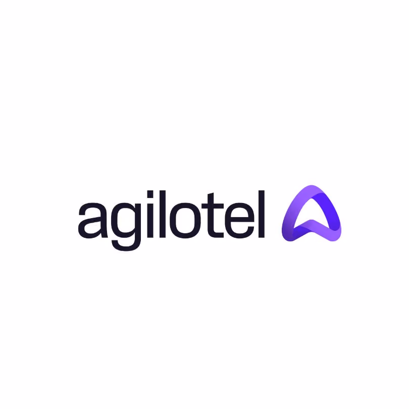 Agilotel logo with black text and a purple stylized triangular symbol on a white background.