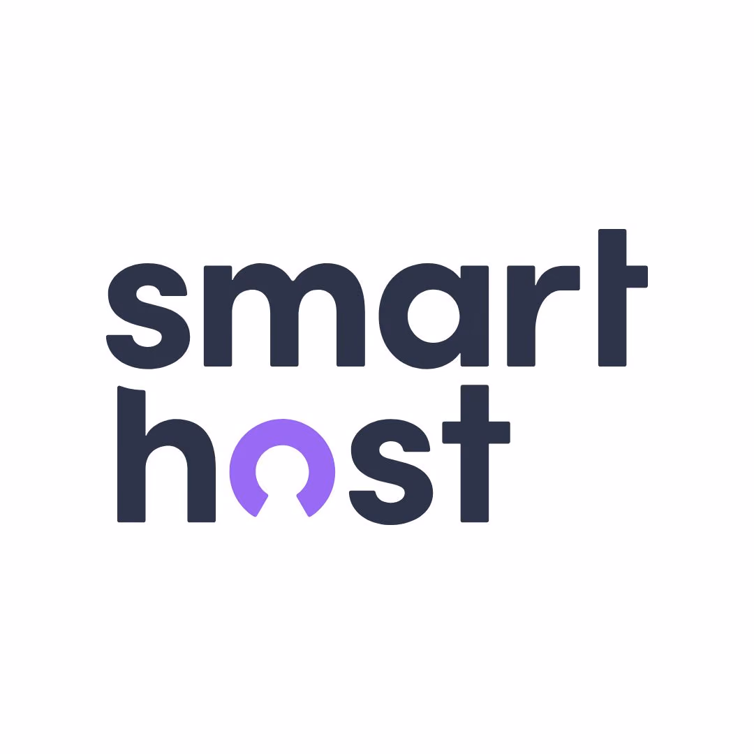 Smart Host logo with 'smart' in black and 'host' in black with a purple circular design in letter o.