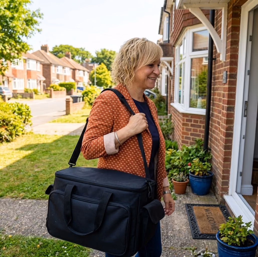 Alison Mobile Hairdresser in Peacehaven carrying a large black professional equipment bag as she arrives at a client's front door.