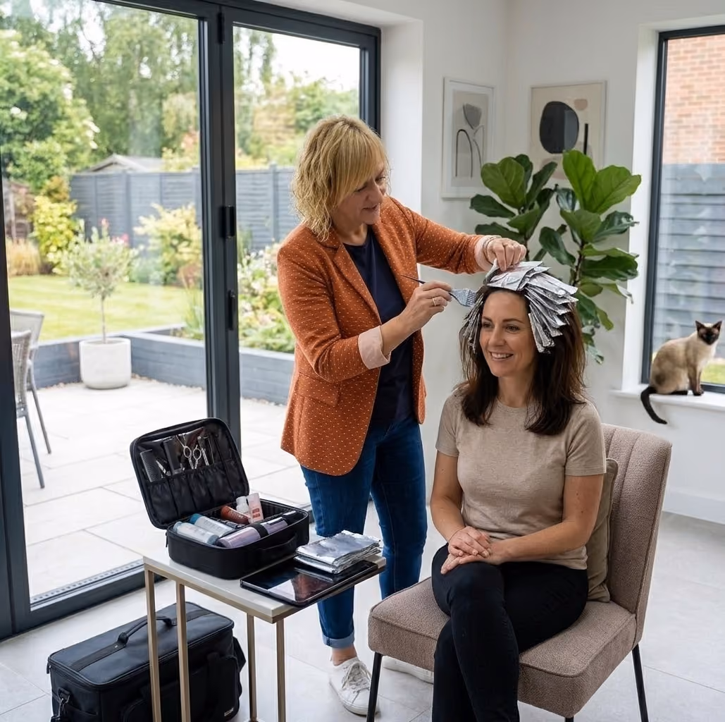 Alison Mobile Hairdresser applying foil highlights to a smiling client seated in a modern living room, with professional equipment and a Siamese cat on the window sill.