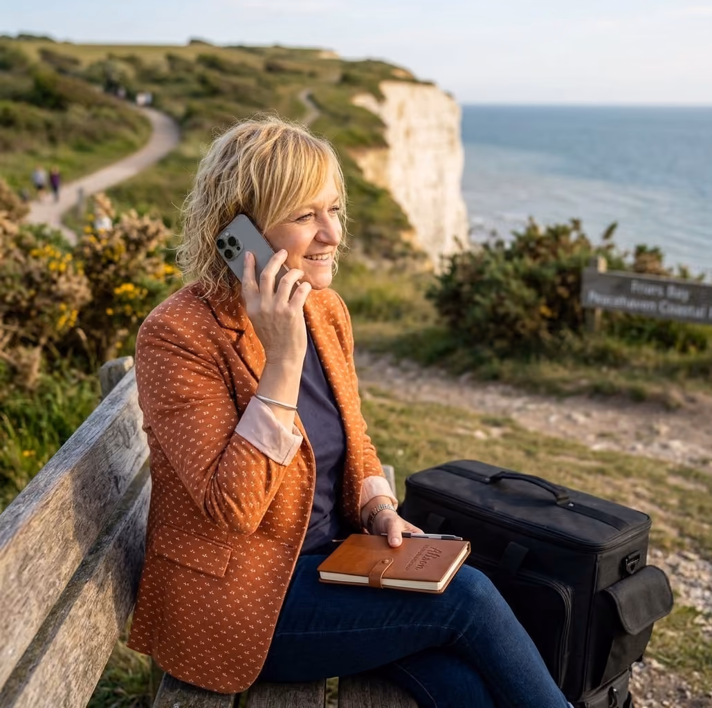A photograph of the blonde hairdresser, wearing her signature orange jacket, taking a phone call while seated on a bench at the Peacehaven cliffs. Her professional bag and notebook are next to her.