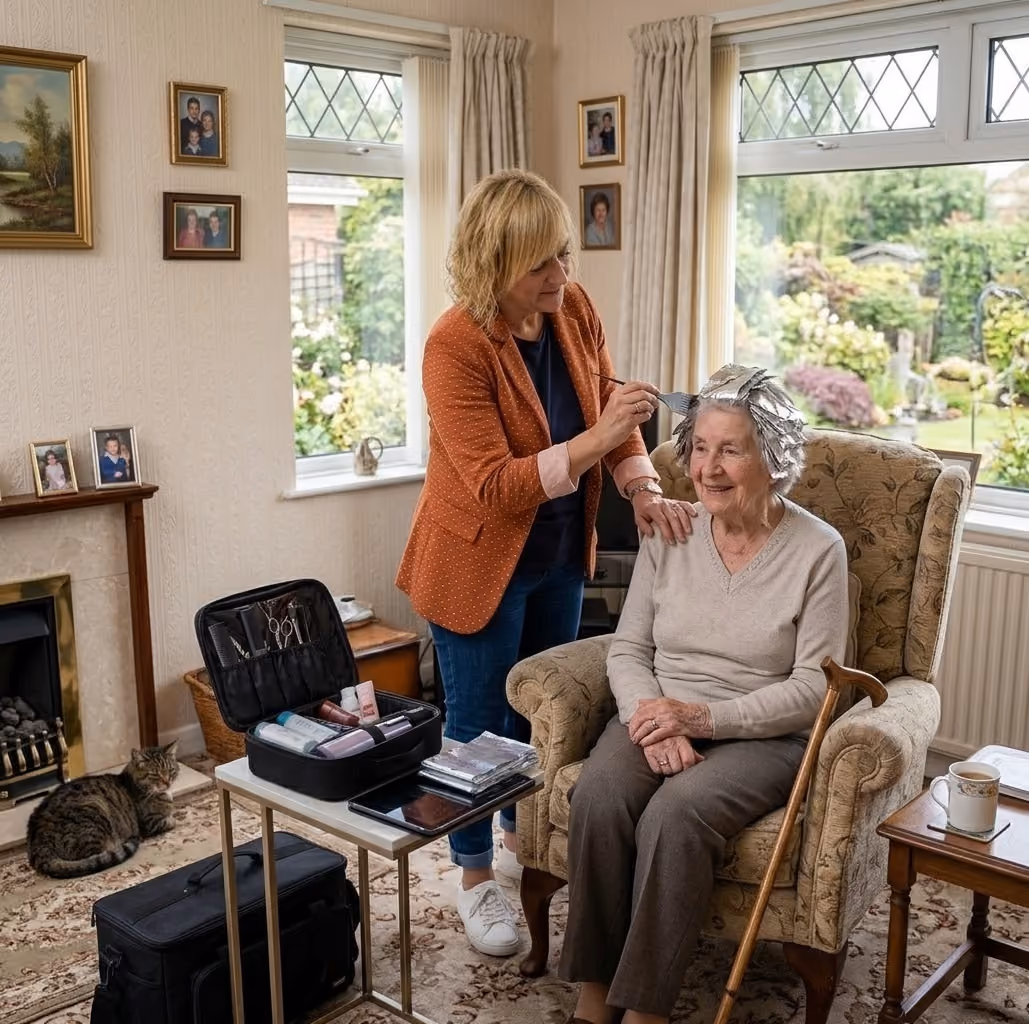 Alison putting rollers in an elderly clients hair