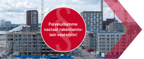 Urban construction site with multi-story buildings under development and a red circular overlay with Finnish text about construction law.