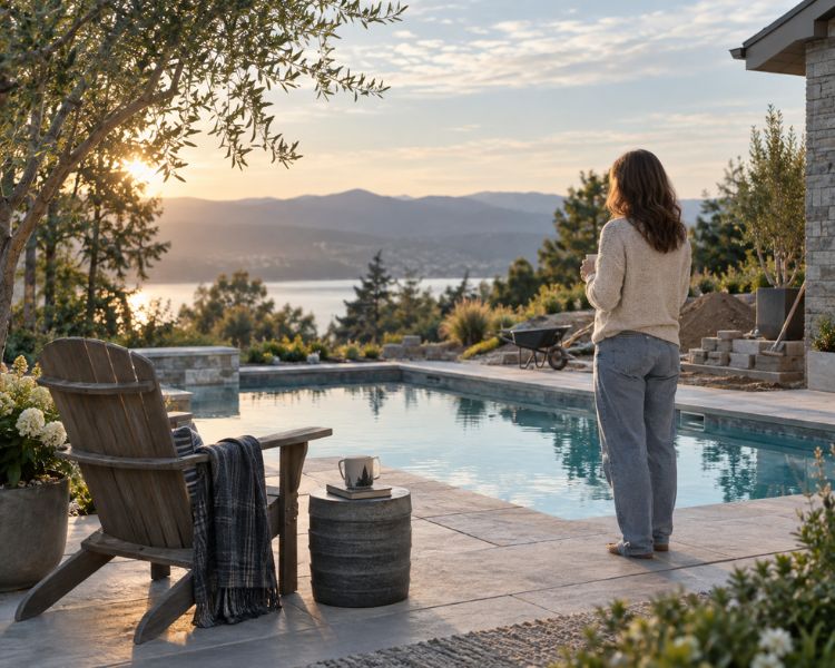 women looking out over pool construction
