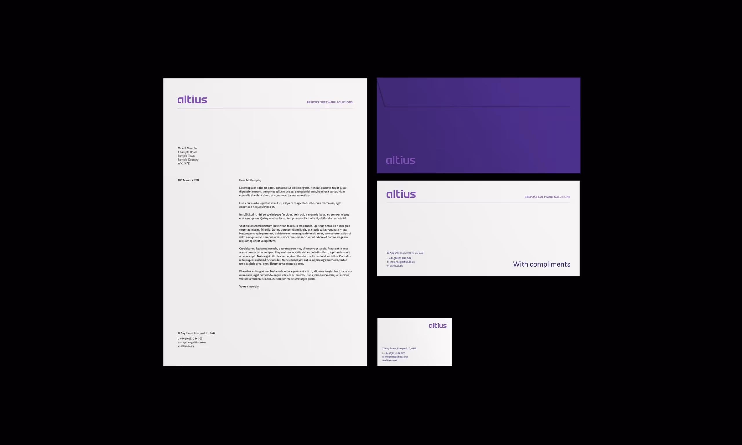 Business letterhead and envelope design with the logo and contact information.
