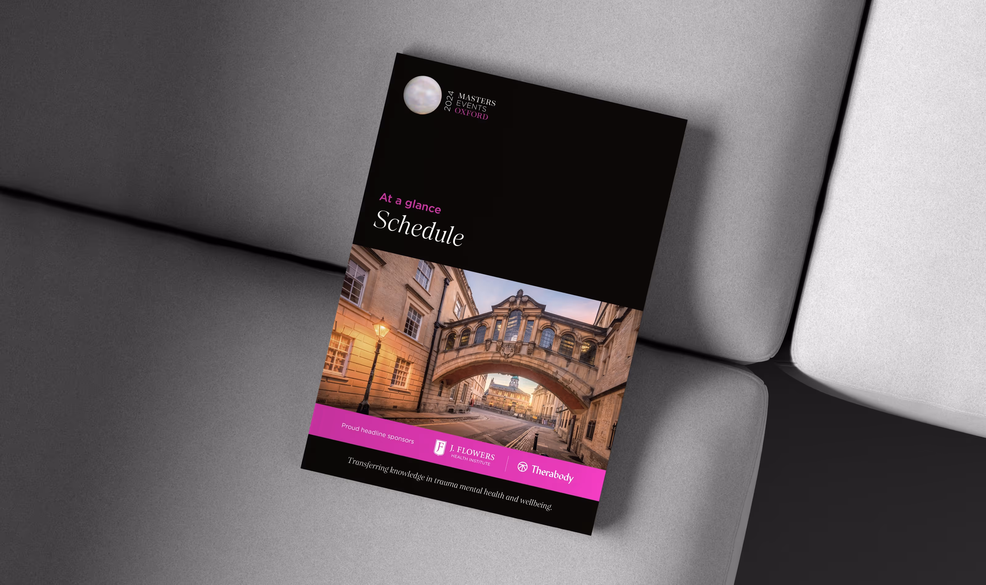 Oxford Masters Events 2024 Schedule.  Image shows a schedule booklet with a photo of an arch bridge and buildings.