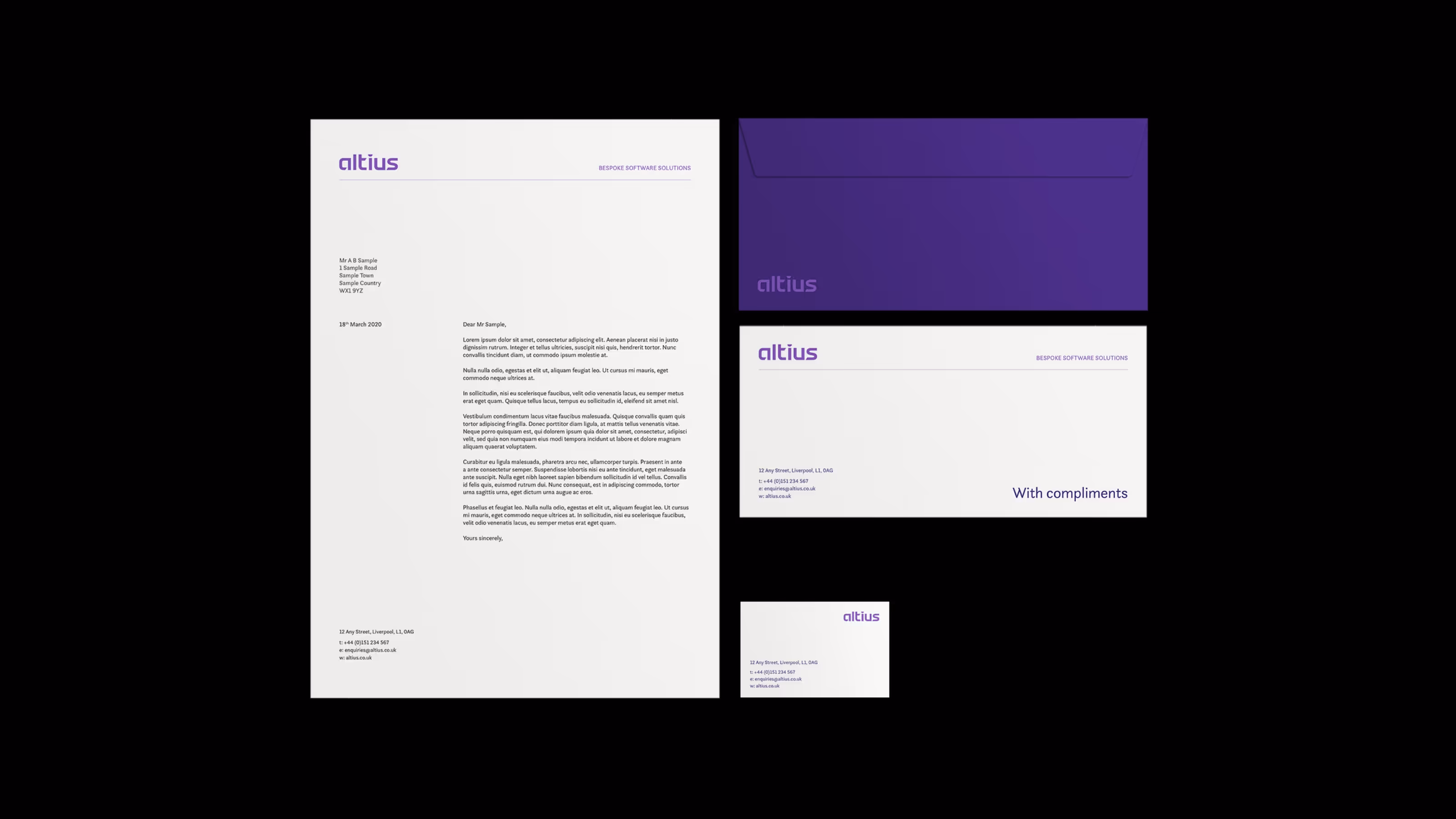 Business letterhead and envelope design with the logo and contact information.