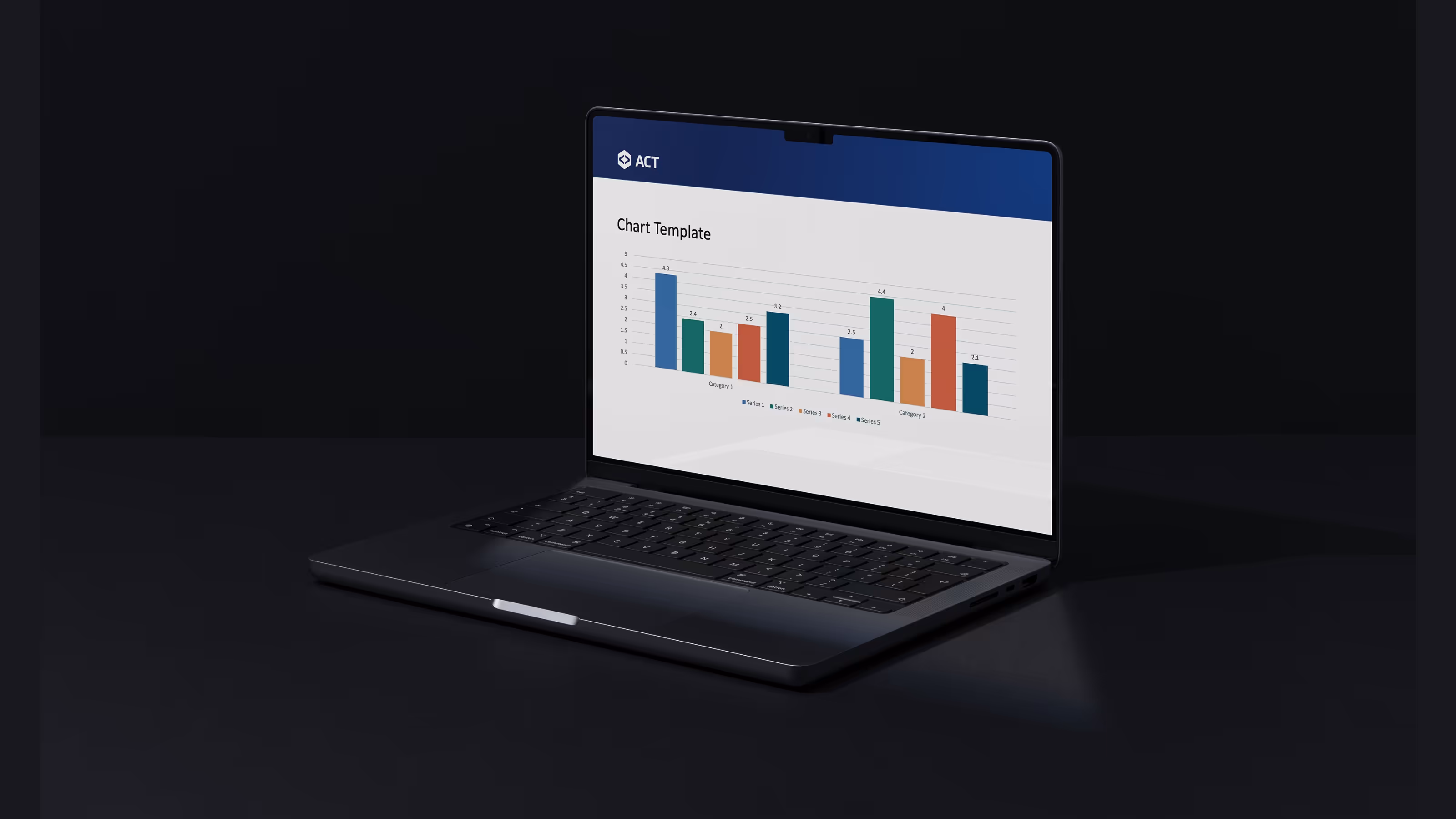 Laptop displaying a chart template with categories and series data.