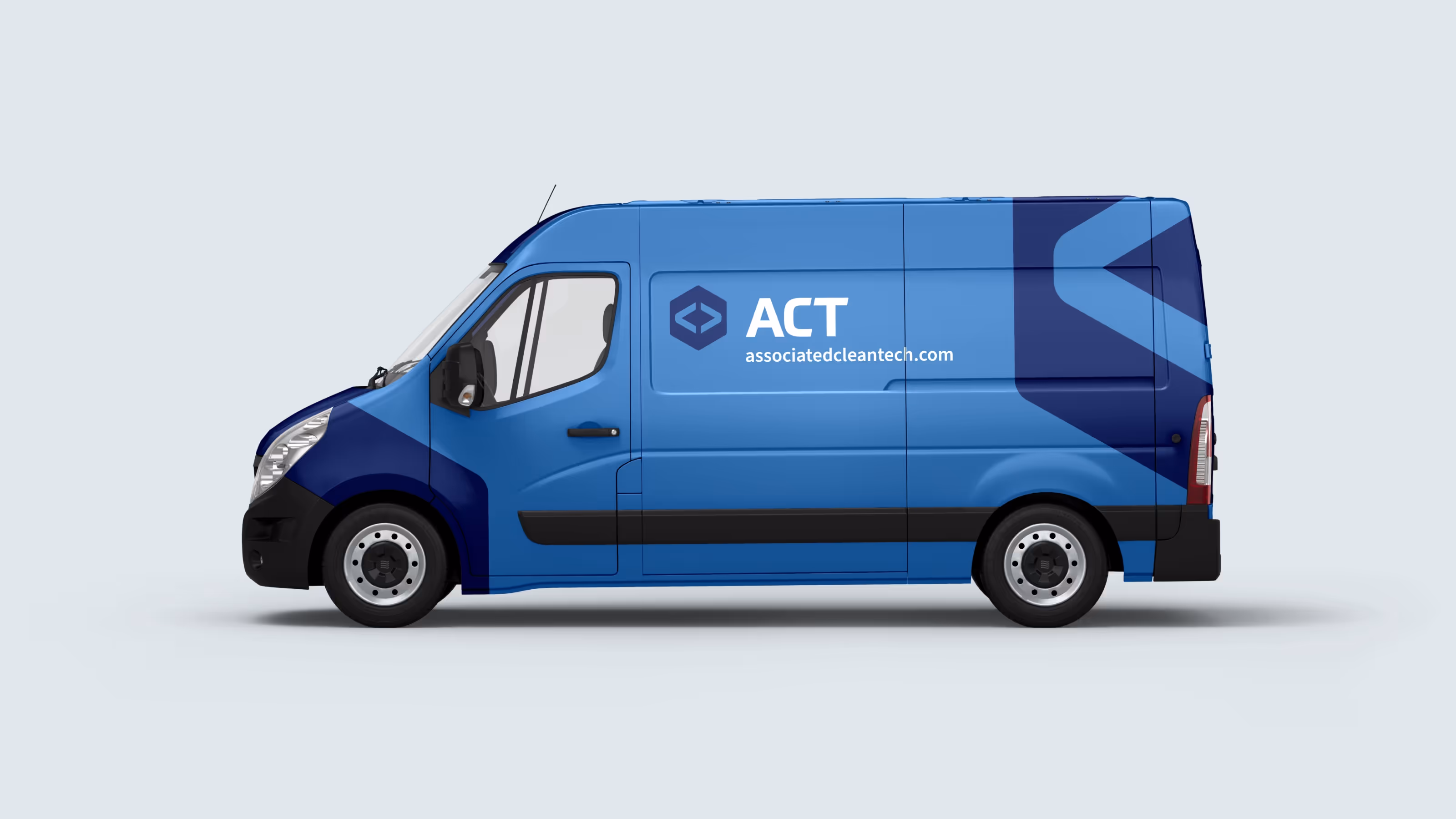 Light-blue van with dark-blue accents and the logo ACT on the side.
