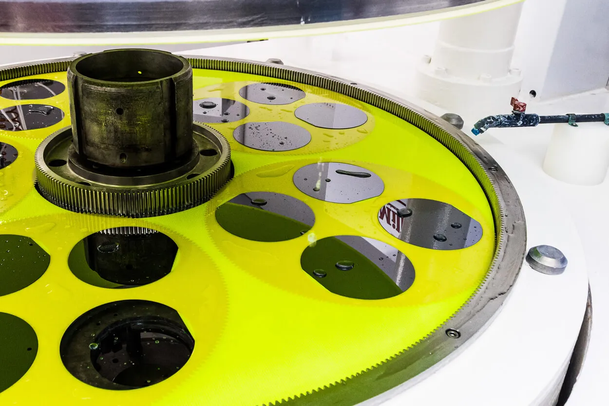 Silicon wafers on manufacturing machine before packing. 