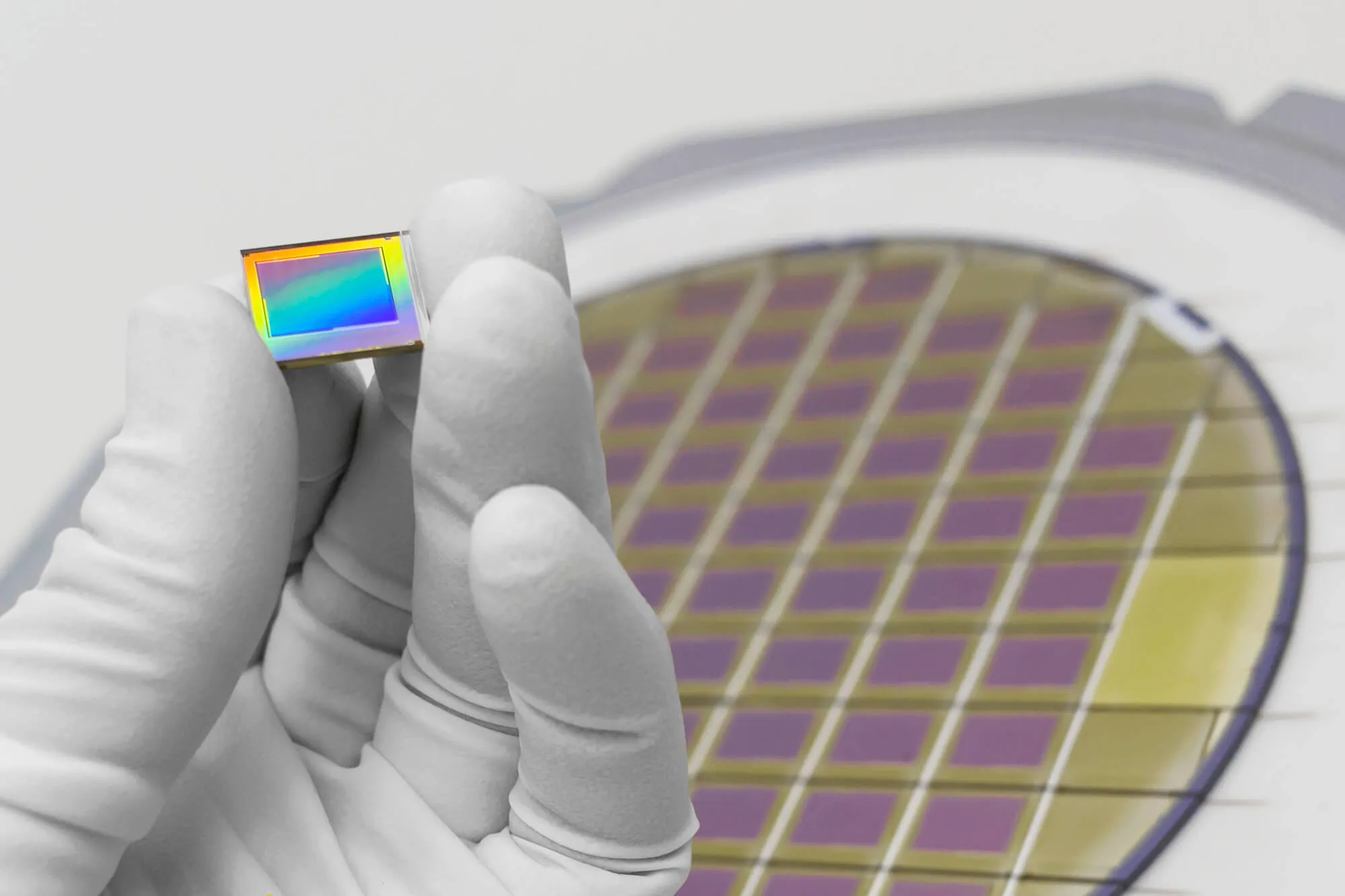 a gloved hand hadling a critical component of inp reclaim wafers 