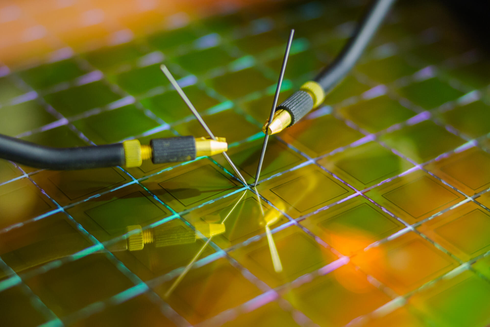 probes checking microchips on GaAs Wafer