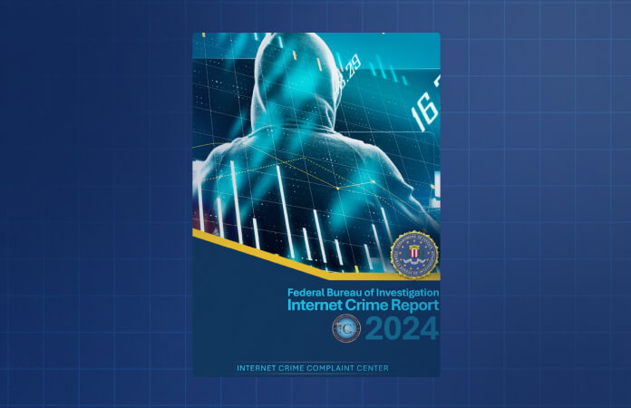 Cover of the FBI’s Internet Crime Report 2024, showing a digital figure surrounded by glowing data lines and graphs, with the FBI seal and branding at the bottom.