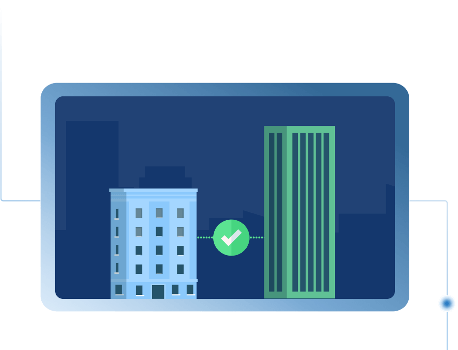 An illustration of two buildings—one short and blue, the other tall and green—connected by a dotted line with a green checkmark in the center, symbolizing verified or secure communication between institutions or systems.