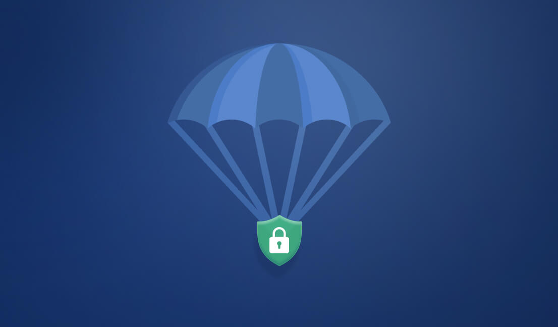  A blue parachute carrying a green shield with a padlock icon, symbolizing secure delivery or protection during transfer.