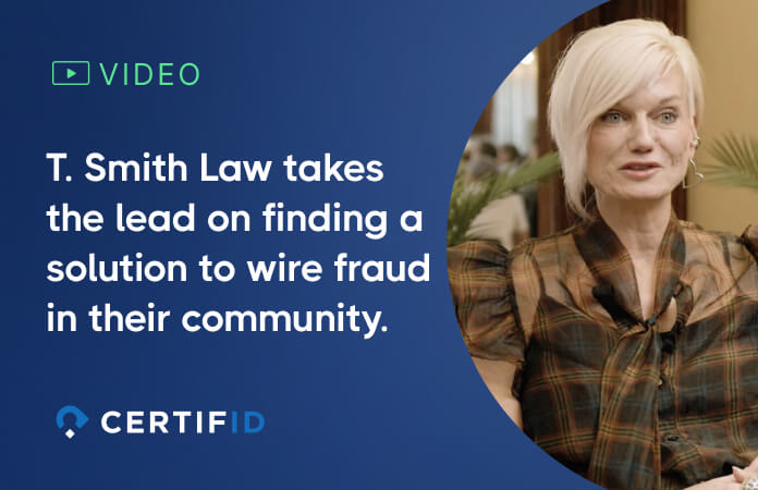Video thumbnail featuring a woman with short blonde hair in a plaid blouse, next to the text “T. Smith Law takes the lead on finding a solution to wire fraud in their community.”