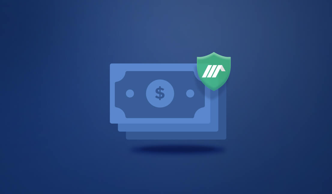 Stack of stylized blue dollar bills with a green shield bearing a logo, representing protected funds or secure financial services.