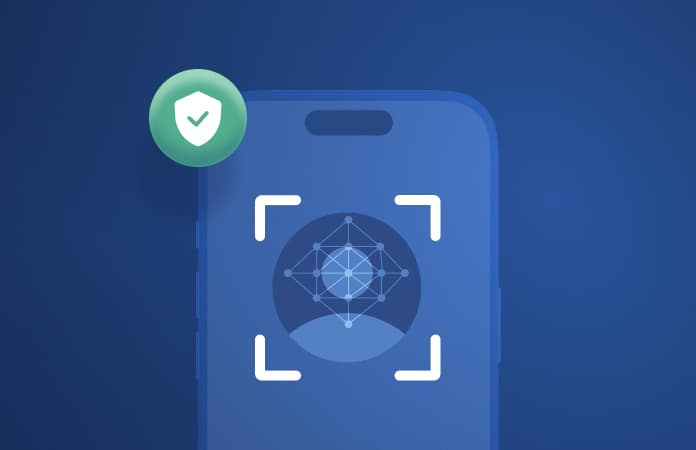  A smartphone illustration displays a biometric facial scan pattern inside a targeting frame, with a green shield checkmark icon above, suggesting secure facial recognition or identity verification.