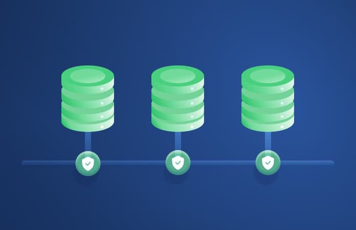 Three stacked green server icons are evenly spaced and connected by a horizontal line, each with a checkmark symbol below, representing verified or secure data storage.