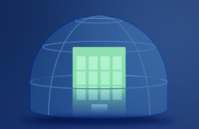 A green building icon is encased in a semi-transparent digital dome with gridlines, symbolizing global protection or secure infrastructure on a dark blue background.