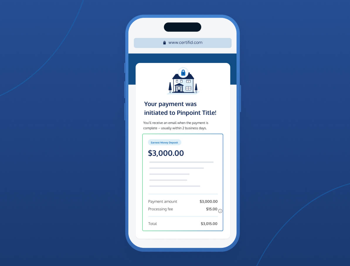 A smartphone screen showing a secure payment interface for "Pinpoint" powered by CertifID. The screen includes a "Get Started" button and the message "Make your payment. Safely and securely."