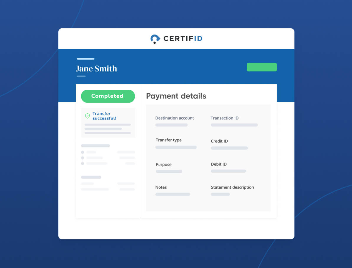 A desktop view showing a completed payment screen from CertifID for a user named Jane Smith. It displays a green "Completed" badge and detailed payment information including destination account, transaction ID, and payment purpose.