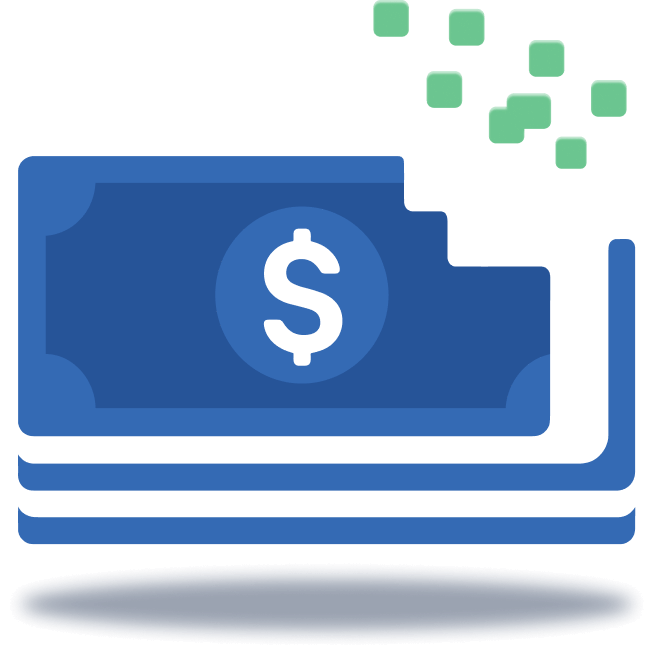 Illustration of stacked blue dollar bills with a dollar sign in the center, partially pixelated in the top right corner as green digital squares rise upward, symbolizing the conversion of money into digital form.