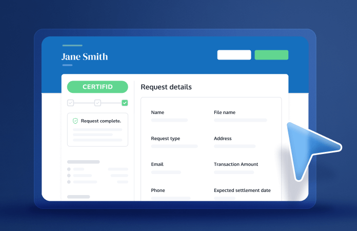 Illustration of a web dashboard for a user named Jane Smith that features a green Certified badge and a Request details form with placeholder fields. A large blue pointer hovers over the white card set against a dark blue gradient background.